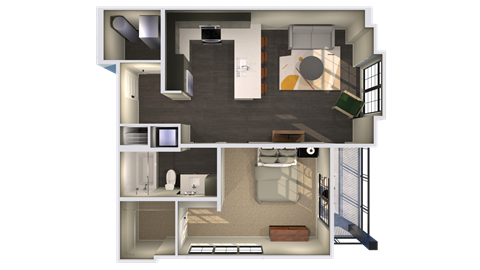 Floor plan for 1 bed, 1 bath, 750 sqft